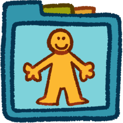 a siling yellow figure. It's inside a teal folder that has green and orange folder tabs behind it.